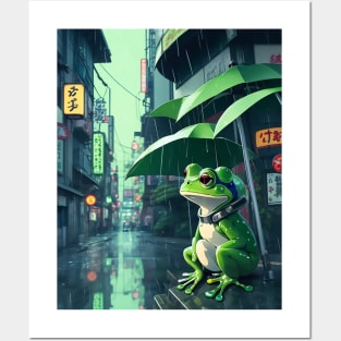 3D Art Frog in Japan Street Kawaii Lofi rain Posters and Art
